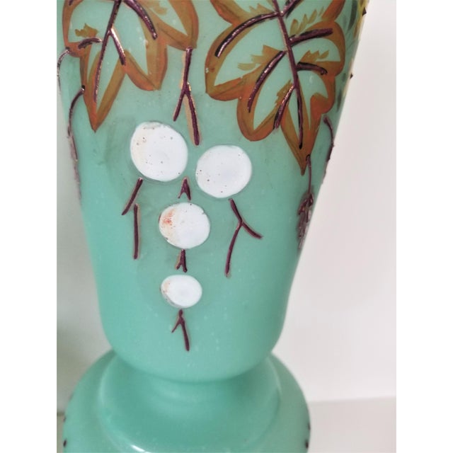 Victorian Hand Painted Blue Green Bristol Frosted Glass Vases a Pair