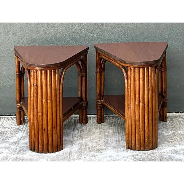 Vintage Rattan Pie Slice Side Tables After Frankl For Sale - Image 11 of 15
