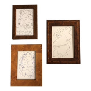Gallery Collection-3 Vintage Wayne Cunningham Abstract Ink Drawings Burled Wood Frames-Set of 3 For Sale