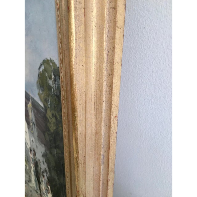 Exquisite oil painting of pastoral lake-side scene in an array of gentle pastel colors with original white-washed gilded...