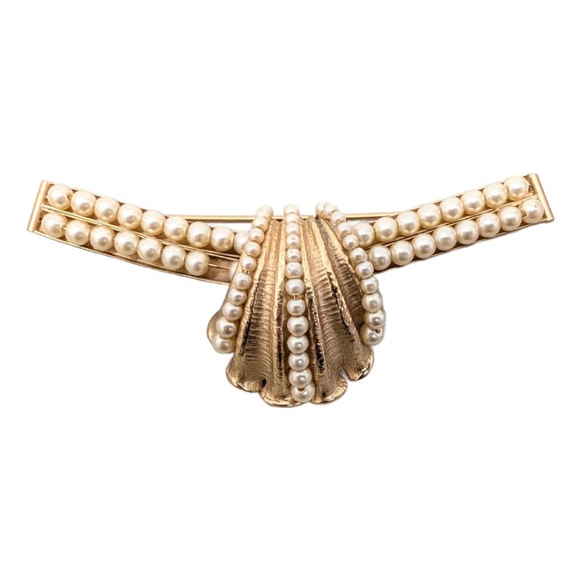 Vintage 1950s Signed Napier Goldtone Faux-Pearl Shell Brooch For Sale
