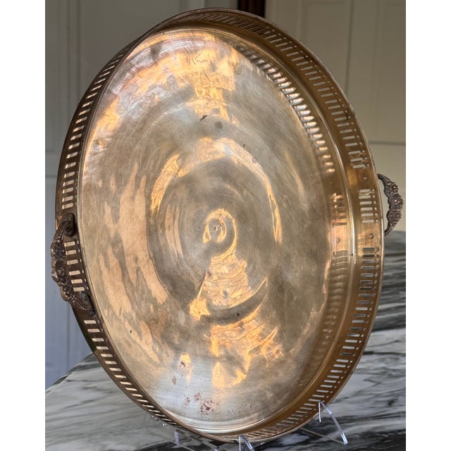 Made in India Solid Brass Round Tray With Floral Motif Handles, Polished For Sale - Image 14 of 17