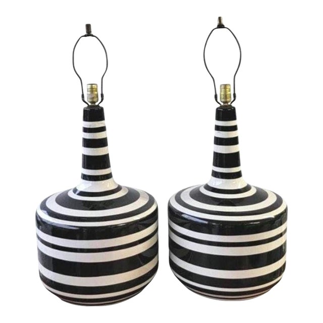 Large Mid Century Modern Italian Striped Ceramic Lamps - a Pair For Sale