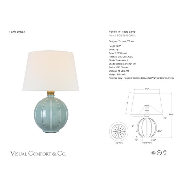 Thomas O'Brien by Visual Comfort Signature Ponteil 17" Table Lamp in Crackled Robin with Linen Shade Designer: Thomas...