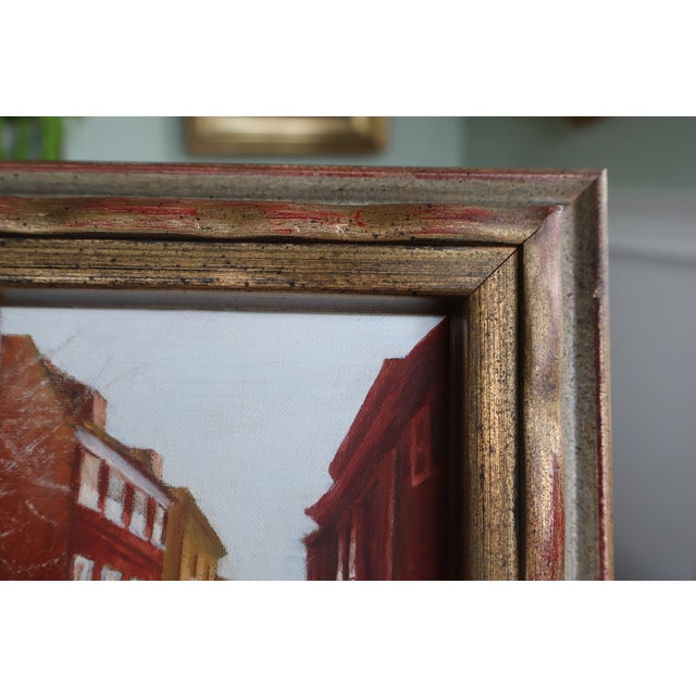Brown Vintage Roger Merkel Signed Cobblestone Street Oil Painting—Gilt Framed For Sale - Image 8 of 15