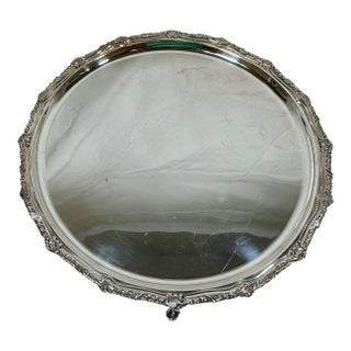 Antique Frank Cobb & Co. Scalloped Edge Silver Plate Serving Tray With Ornate Rim & Falcon Talon Feet From England - Circa 1920 For Sale