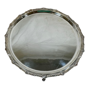 Antique Frank Cobb & Co. Scalloped Edge Silver Plate Serving Tray With Ornate Rim & Falcon Talon Feet From England - Circa 1920