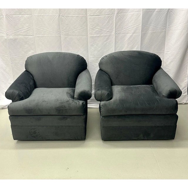 Pair of American Mid-Century Modern Grey Swivel / Lounge Chairs, Scroll Arm For Sale - Image 13 of 13