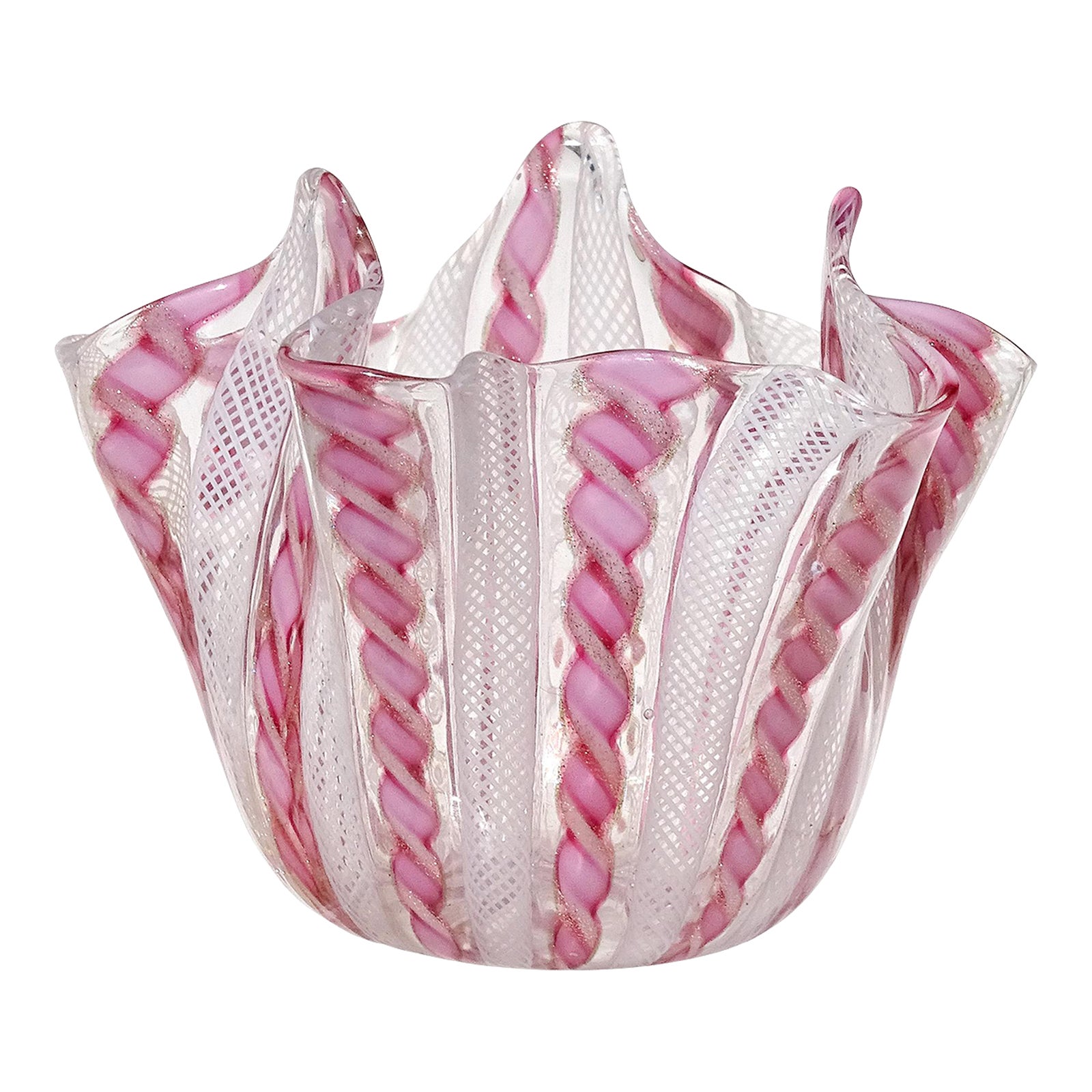 Murano Vintage White Pink Copper Aventurine Flecks Ribbons