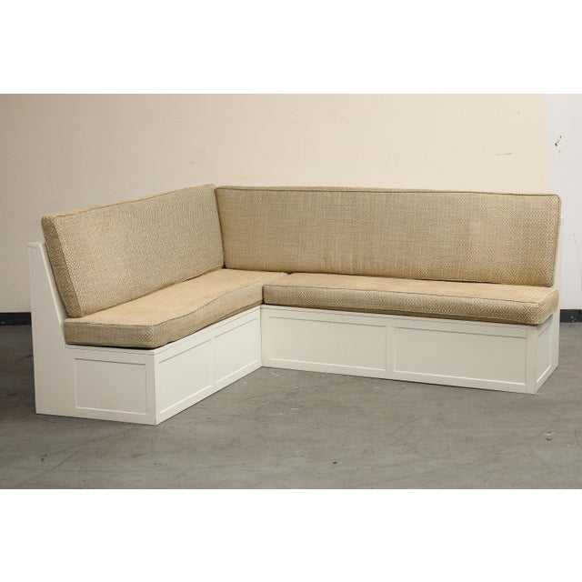 L-Shaped White Wood Corner Storage Banquette With Custom Cushions ...