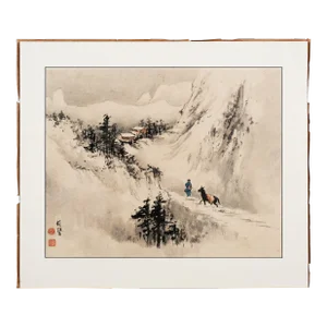 1930s Chinese Painting Man Leading Horse Matted Original Hand Signed Red Artist Stamps, Matted