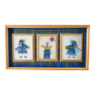 Vintage Framed Art With Blue Scottish Textile For Sale