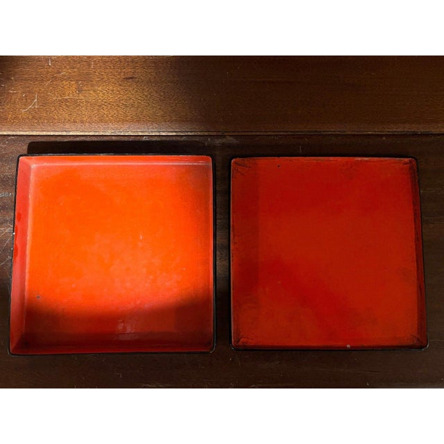Paper Antique Japanese Black Lacquer Box Set Daisy Butterfly Hand Painted Urushi For Sale - Image 7 of 13