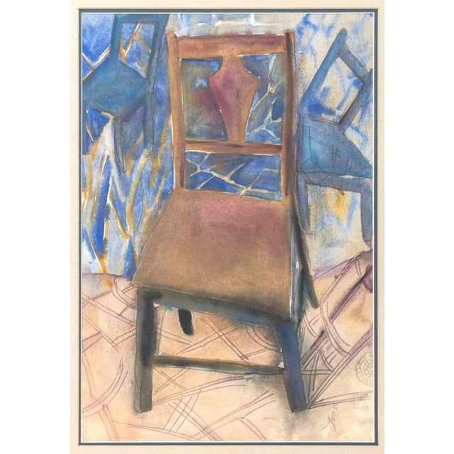 Contemporary Illegibly Signed Abstract Chair Watercolor, 1986 For Sale - Image 3 of 7