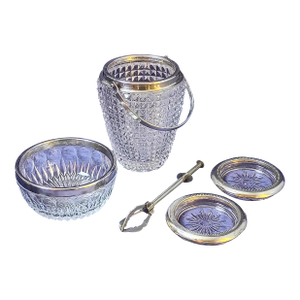 1960s Art Deco Pressed Glass and Silver Rim With Ice Bucket Coasters Pinch Bowl and French Claw Ice Tongs - 5 Piece Bar Set