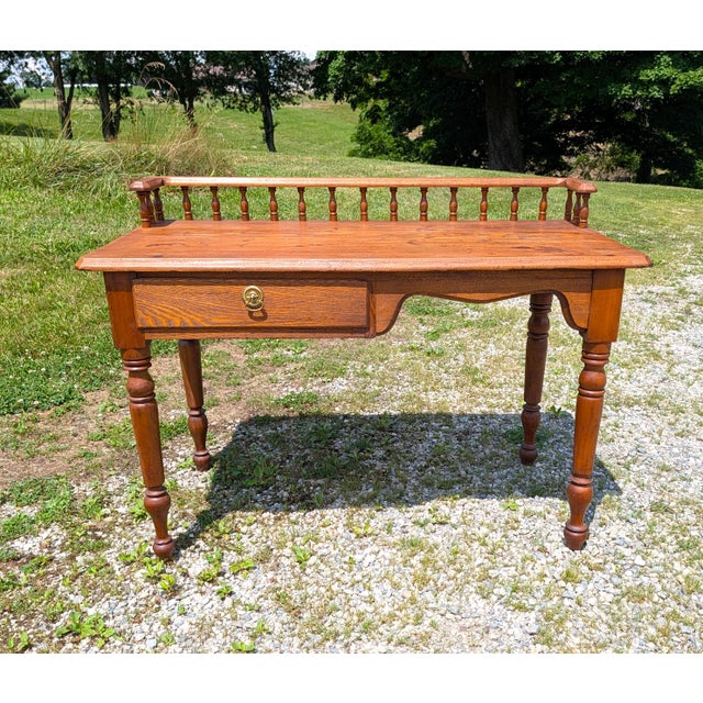 Victorian Antique Railroad Depot Desk With Spindle Gallery Cherry and Ash Wood 1900s For Sale - Image 3 of 17