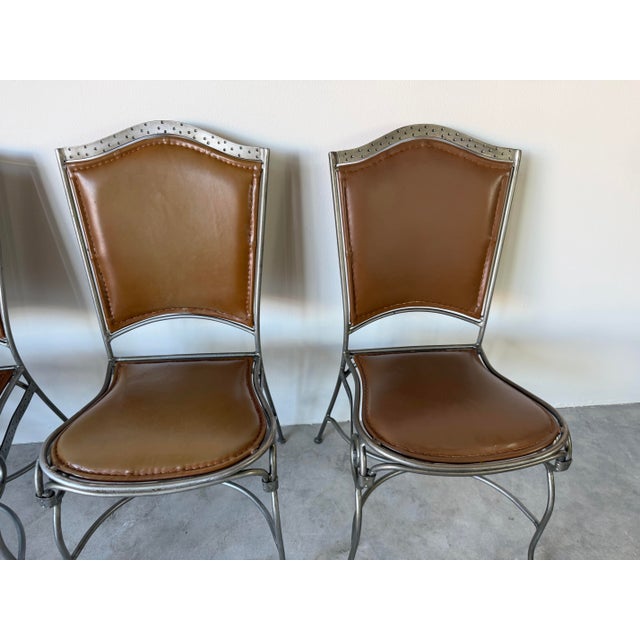Brown Palma Brava Wrought Iron & Brown Leather Dining Chairs – Set of 4 For Sale - Image 8 of 13