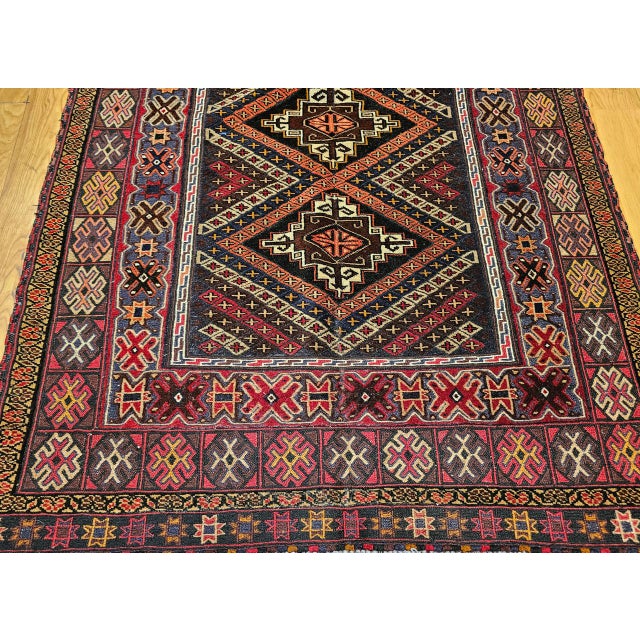 Vintage Afghan Baluch Tribal Area Rug in a Near-Square Size in Red, Blue, Brown For Sale - Image 12 of 17