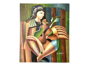 1960s Cubist Oil Painting of a Man with a Guitar by W. Mirkin