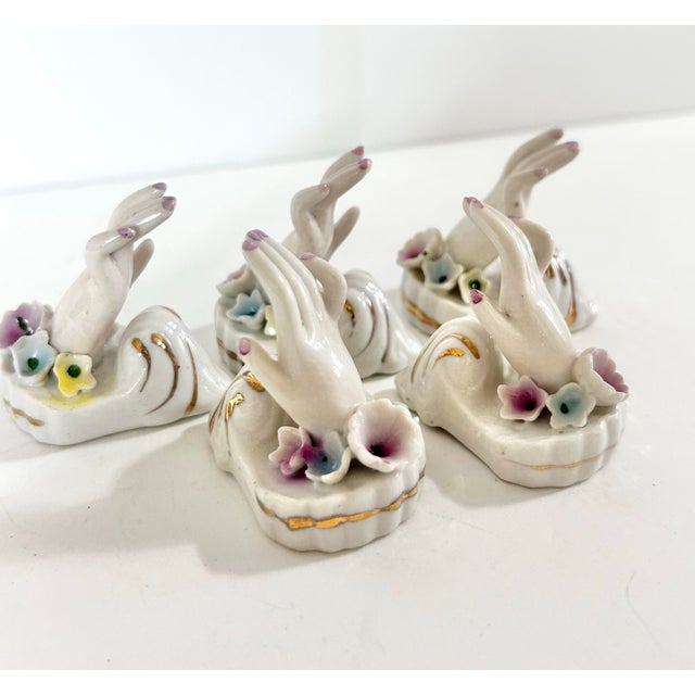 French Vintage Traditional Porcelain Hand Place Card Holders With Applied Flowers - Set of 5 For Sale - Image 3 of 12