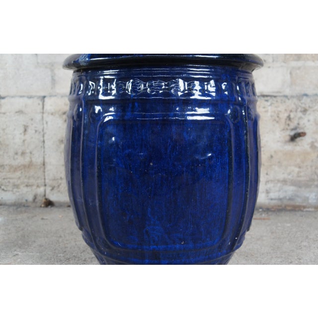 Mid 20th Century Vintage French Modern Blue Glazed Ceramic Jardinière Urn Planter Pot 19" For Sale - Image 5 of 10