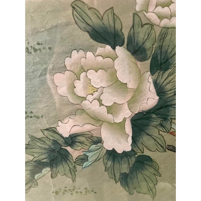 Green Original Chinoiserie Asian Framed Floral Painting For Sale - Image 8 of 11