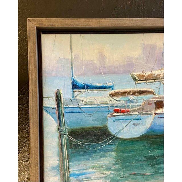 2000 - 2009 Sailboats in Harbor Oil Painting – Soft Impressionist Nautical Scene, Framed For Sale - Image 5 of 8