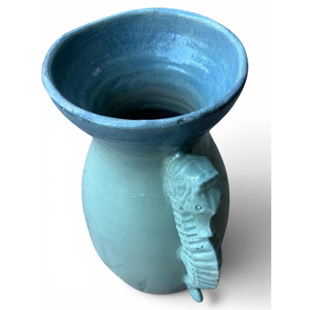 Vintage Coastal Seahorse Handle Pottery Vase - Turquoise Glazed Vessel For Sale - Image 4 of 5