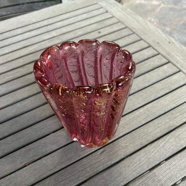 Murano Plum Lotus Vase With Gold Leaf Flecks and Bubbles For Sale - Image 12 of 13