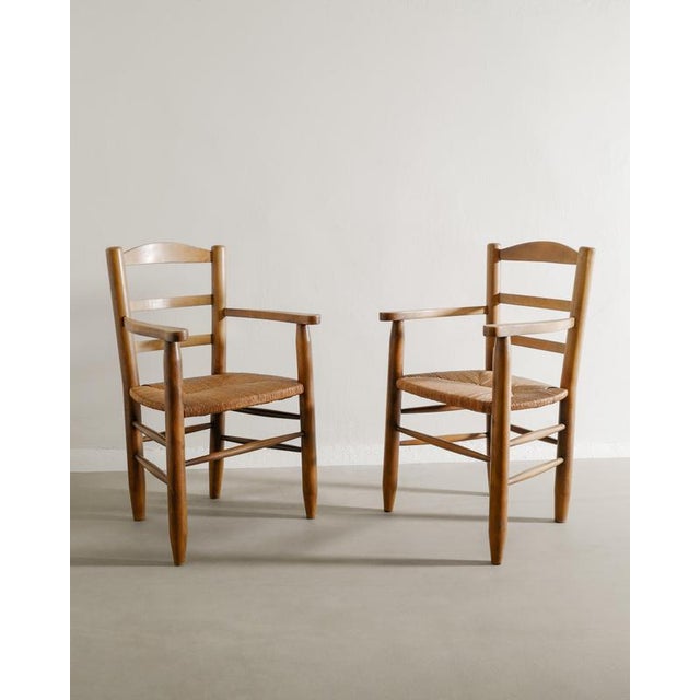 French Wooden Armchairs in Elm & Straw attributed to Charlotte Perriand, 1950s, Set of 2 For Sale - Image 6 of 9