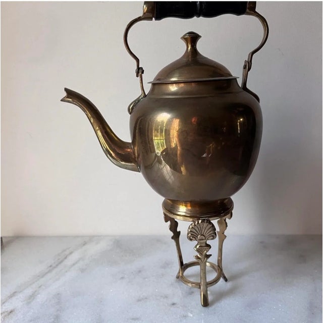 Gold Vintage Brass Tea Pot With Wooden Handle For Sale - Image 8 of 11