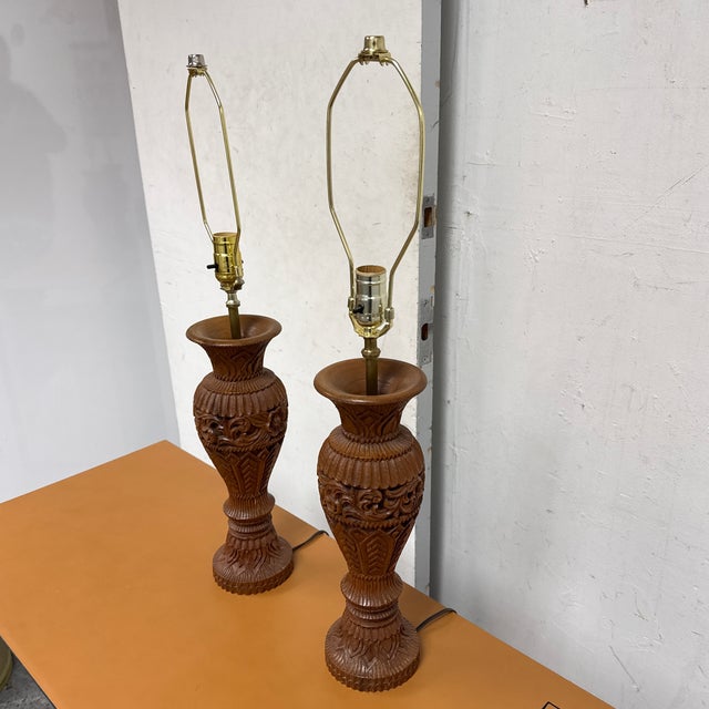 Traditional Vintage Carved Wood Table Lamps, Pair For Sale - Image 3 of 12