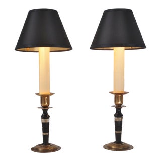 1950`s French Art Deco Style Modernist Candlestick Table Lamps, Bronze & Lucite - A Pair For Sale