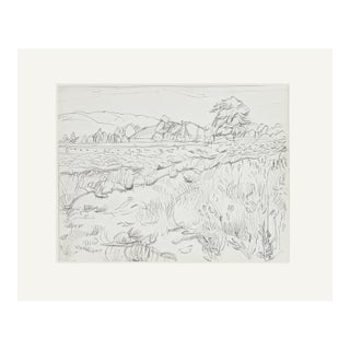 Vintage Mid-Century French Landscape Drawing in Pencil on Paper With Mat For Sale