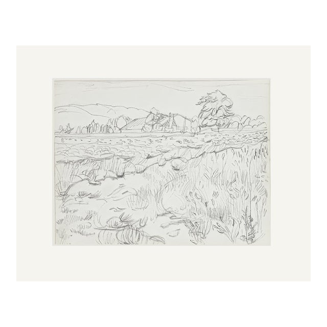 Vintage Mid-Century French Landscape Drawing in Pencil on Paper With Mat For Sale