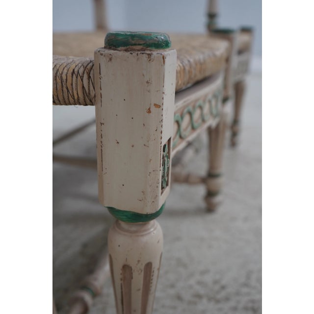 1990s Country French Paint Decorated Rush Seat Settee For Sale - Image 5 of 12