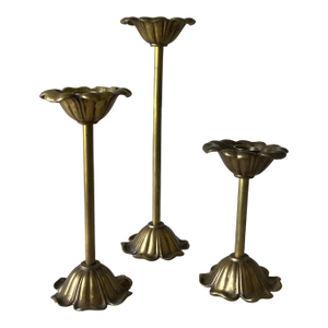 Vintage Brass Tulip Candlestick Trio – Sculptural Flower Form