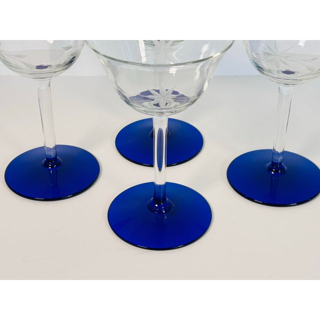 Vintage 1960s Cobalt Footed & Floral Etched Clear Coupe Stems, Set of 4 For Sale - Image 4 of 6