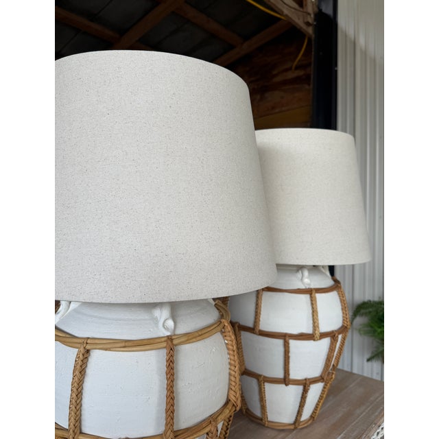 Wood Monumental Boho Coastal Regency Plaster Lamps With Hand-Wrapped Rattan Cage & Linen Shades For Sale - Image 7 of 11