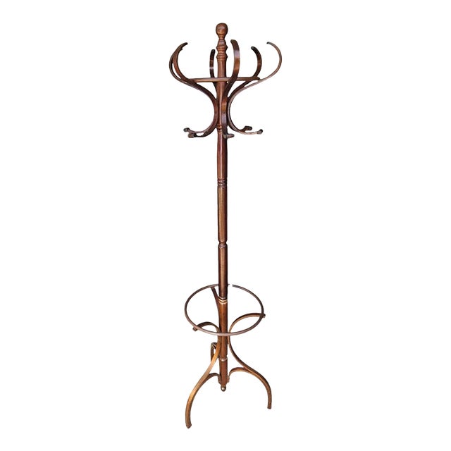 Vintage Bentwood Coat & Hat Rack, Hall Tree Thonet Style With Umbrella Ring For Sale
