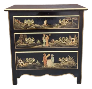 Chinoiserie Decorated and Ebonized Wood Side Chest, Signed Sharon Peake