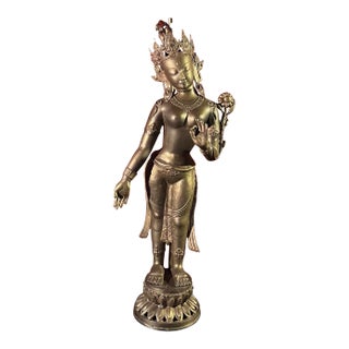 Early 20th Century Buddhist Goddess Statue and Lamp For Sale