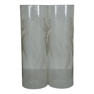 Pair of Large Late 20th Century Floral Etched Tall Glass Cylinder Hurricane Candle Shades For Sale