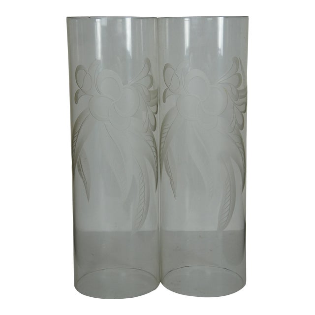 Pair of Large Late 20th Century Floral Etched Tall Glass Cylinder Hurricane Candle Shades For Sale