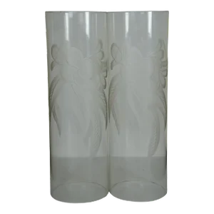 Pair of Large Late 20th Century Floral Etched Tall Glass Cylinder Hurricane Candle Shades