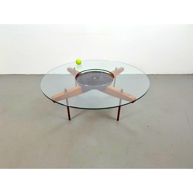 Round Glass Coffee Table with Wood X-Base, 1970 For Sale - Image 6 of 17