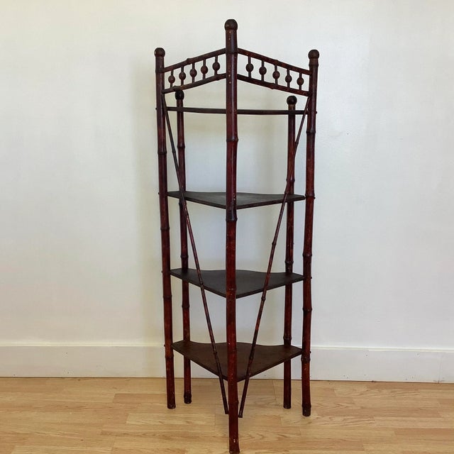 1960s British Colonial Ball and Stick Scorched Bamboo Corner Etagere in Burnt Mahogany. For Sale - Image 6 of 12