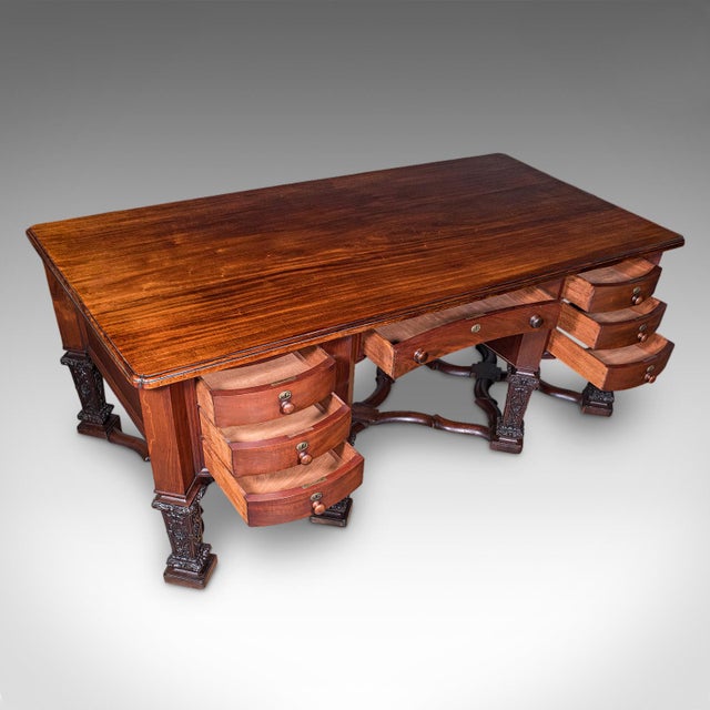 Wood Antique Partner's Desk, English, Bureau Mazarin, Louis XIV Revival, Victorian For Sale - Image 7 of 12