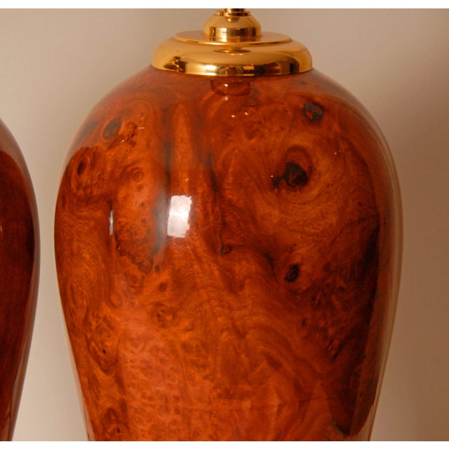 Vintage Table Lamps Faux Elm Burl Wood French Ceramic Vase Lamps Brown Cognac - A Pair For Sale - Image 9 of 11