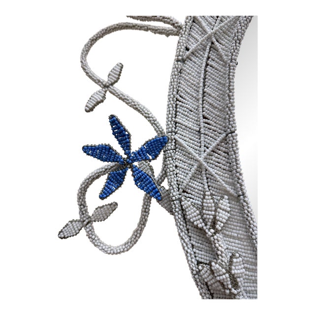 Hand Beaded Oval Mirror With Wired Floral Embellishments For Sale